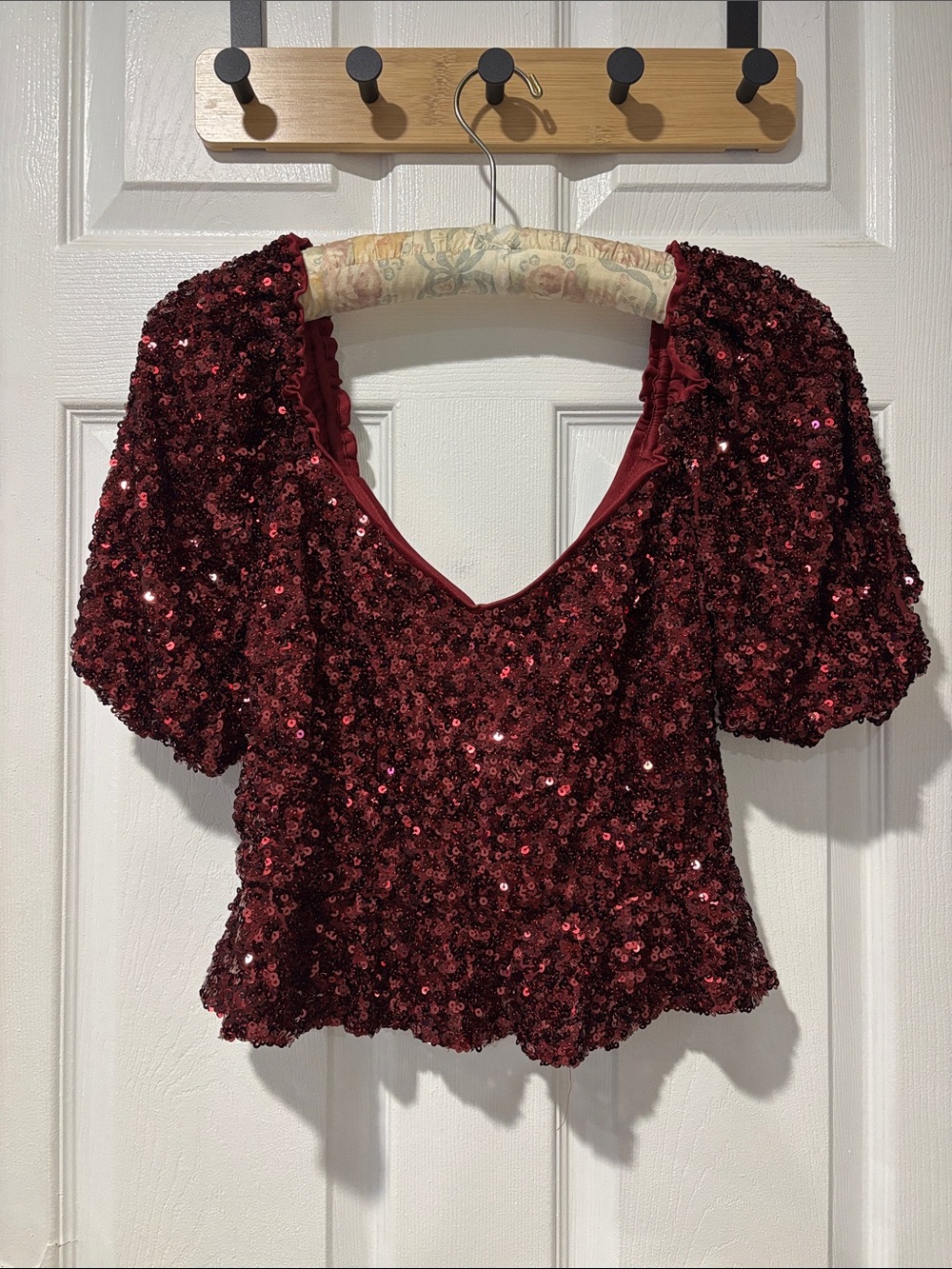 Lulu's Wine Red Sequin Puff Sleeve Top